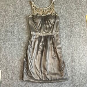 Mikael Aghal Y2K Silk Beaded Cocktail Dress Grey Gunmetal Jewel Neck Sheath Sz 6